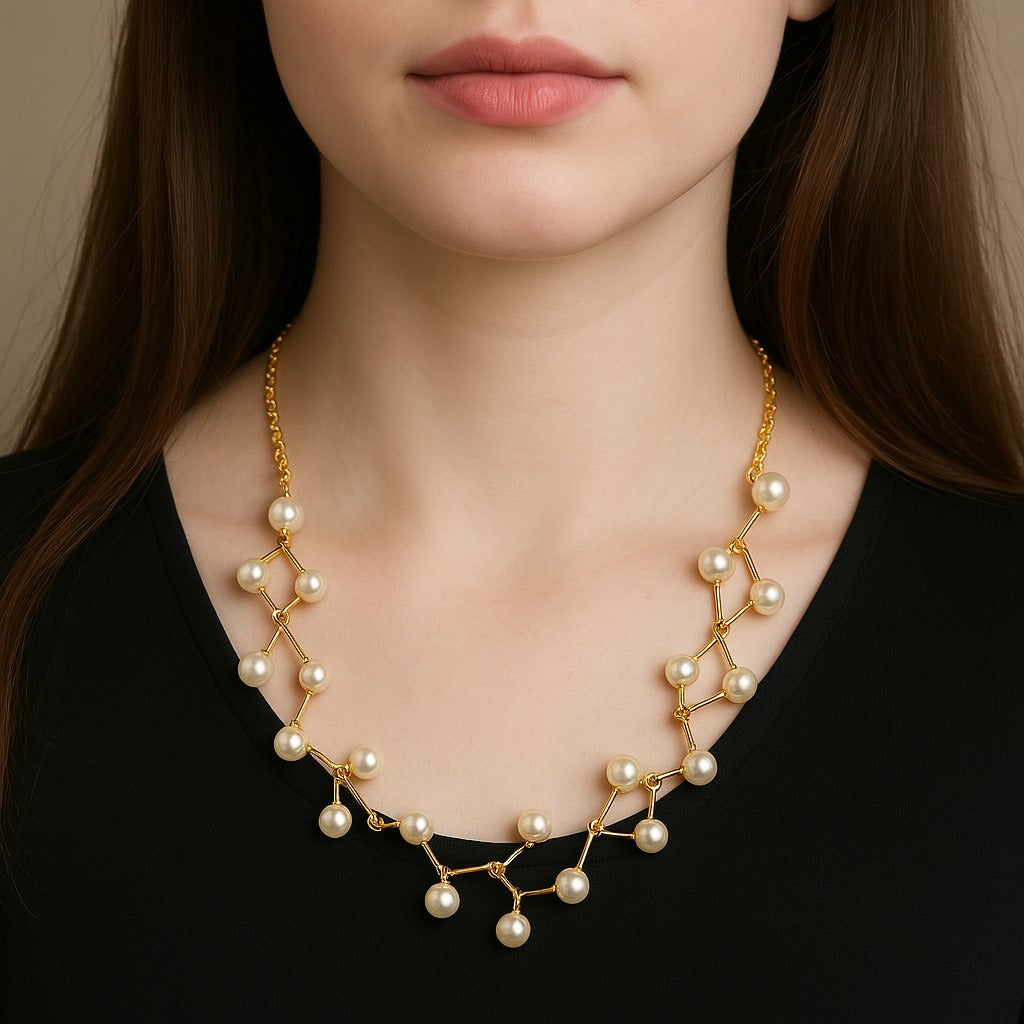 Designer Gold Necklace with Cluster Pearls – Elegant Statement Piece
