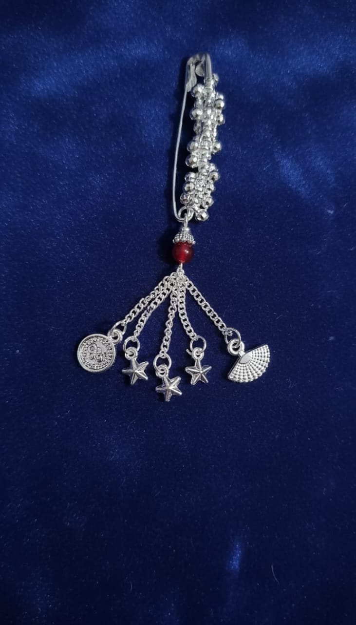 Five-Charm Silver Beaded Saree Pin with Red Accent