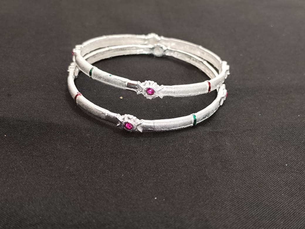 Minimalist Silver Bangles with Ruby Accents