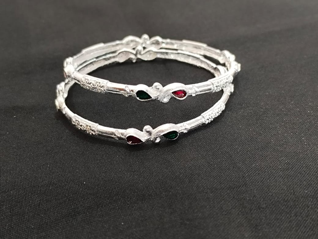 Teardrop Ruby &amp; Emerald Silver Kada Bangles
