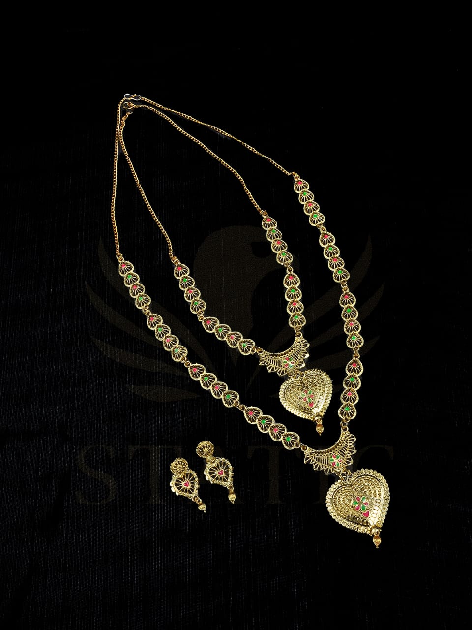 Floral Enamel Layered Heart Necklace Set