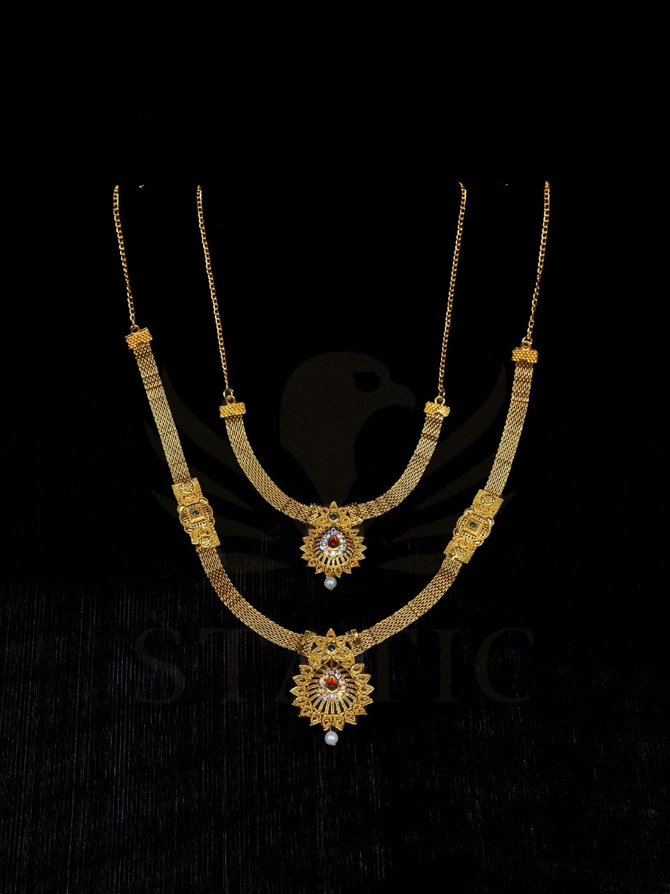 Ethnic Three-Tier Floral Gold Necklace Set