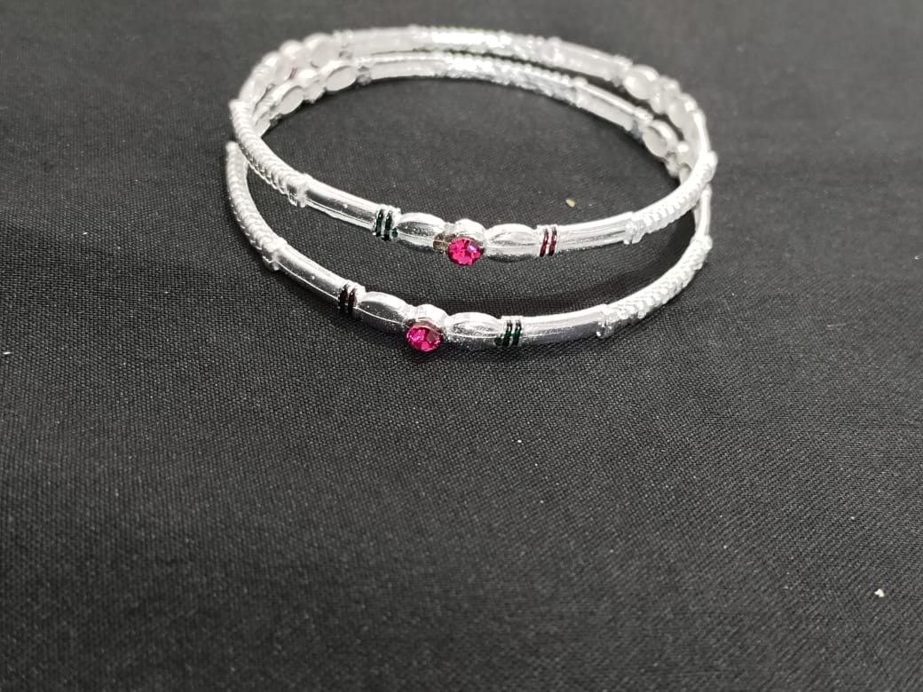 Classic Textured Silver Bangles with Pink Stone