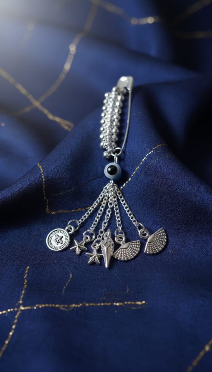 Evil Eye Protection Multi-Charm Silver Saree Pin