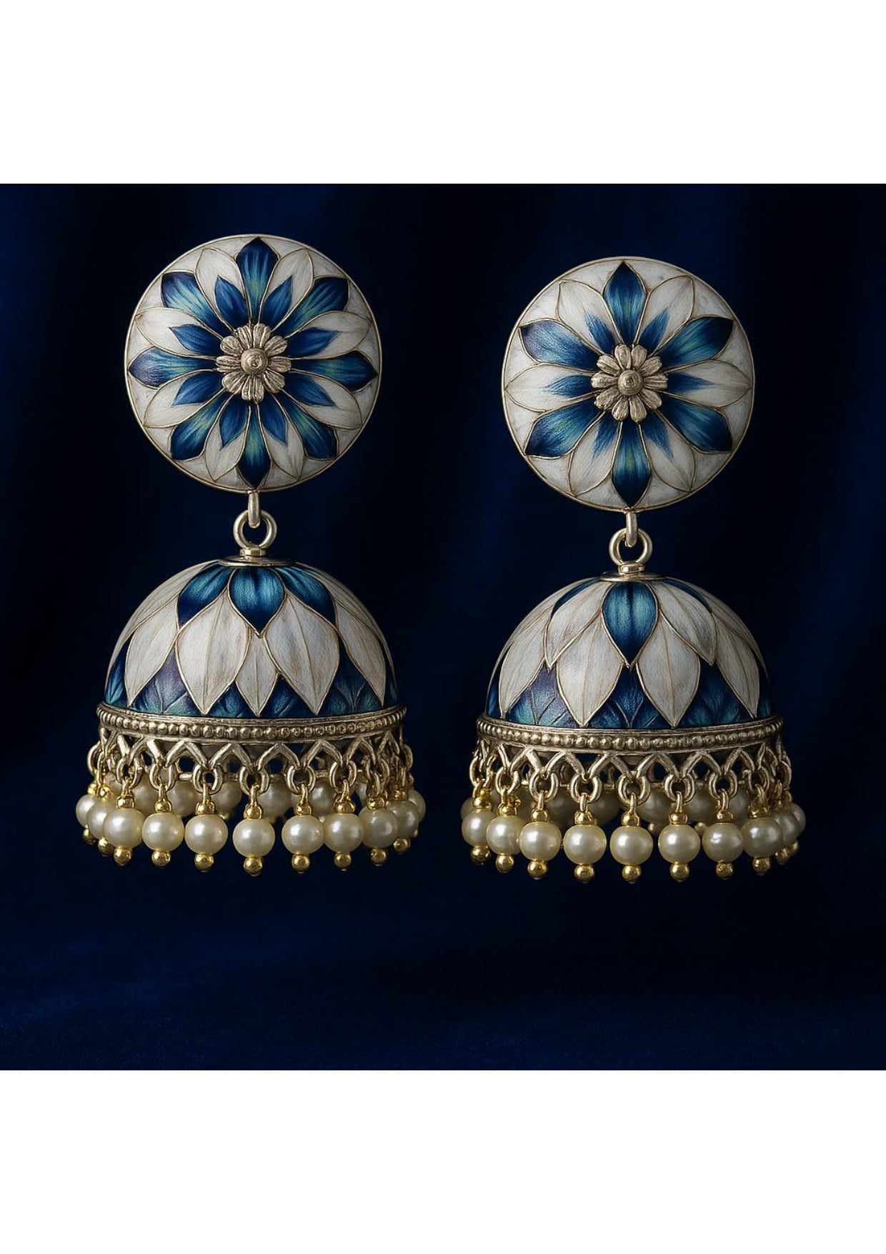 Blue Lotus Floral Meenakari Jhumka Earrings