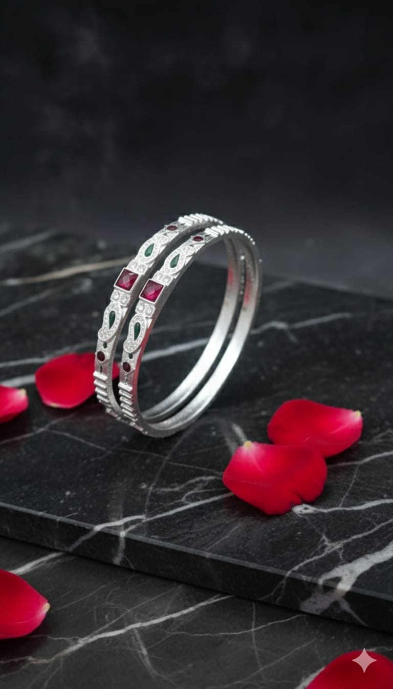 Geometric Ruby-Cut Polished Silver Bangles