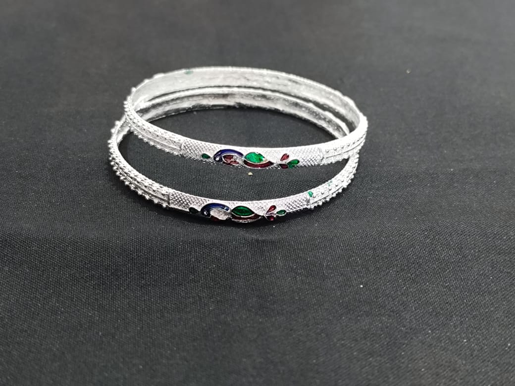 Ornate Peacock Multicolor Silver Bangles Set