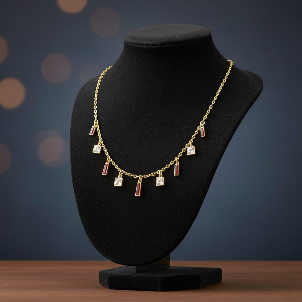 Geometric Ruby & Crystal Gold Necklace – Modern Chic Jewelry