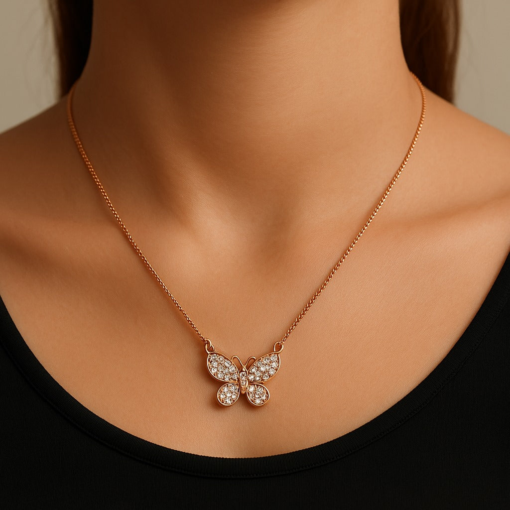 Rose Gold Butterfly Pendant Necklace with Crystals