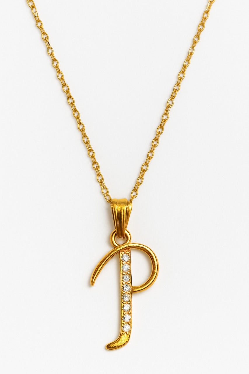 Classic "P" Monogram Crystal Pendant Necklace in Gold